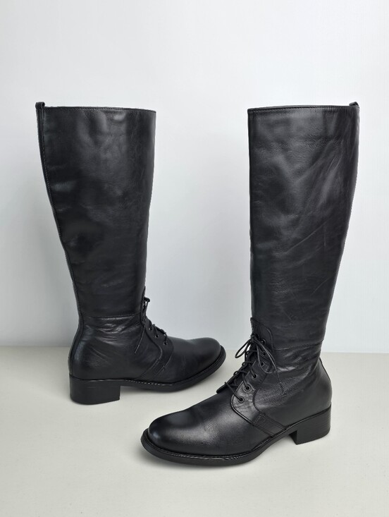 La CANADIENNE Shoes - La Canadienne Black Leather Knee High Lace-Up Sude Zip Riding Boots Size 7.5